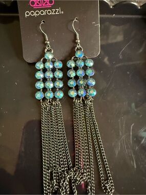 paparazzi Iridescent Blue Crystal Cascade Tassel Earrings